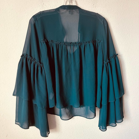 Ecote Sheer Boho Bell Sleeve Turquoise Blouse Sz S - Picture 5 of 5